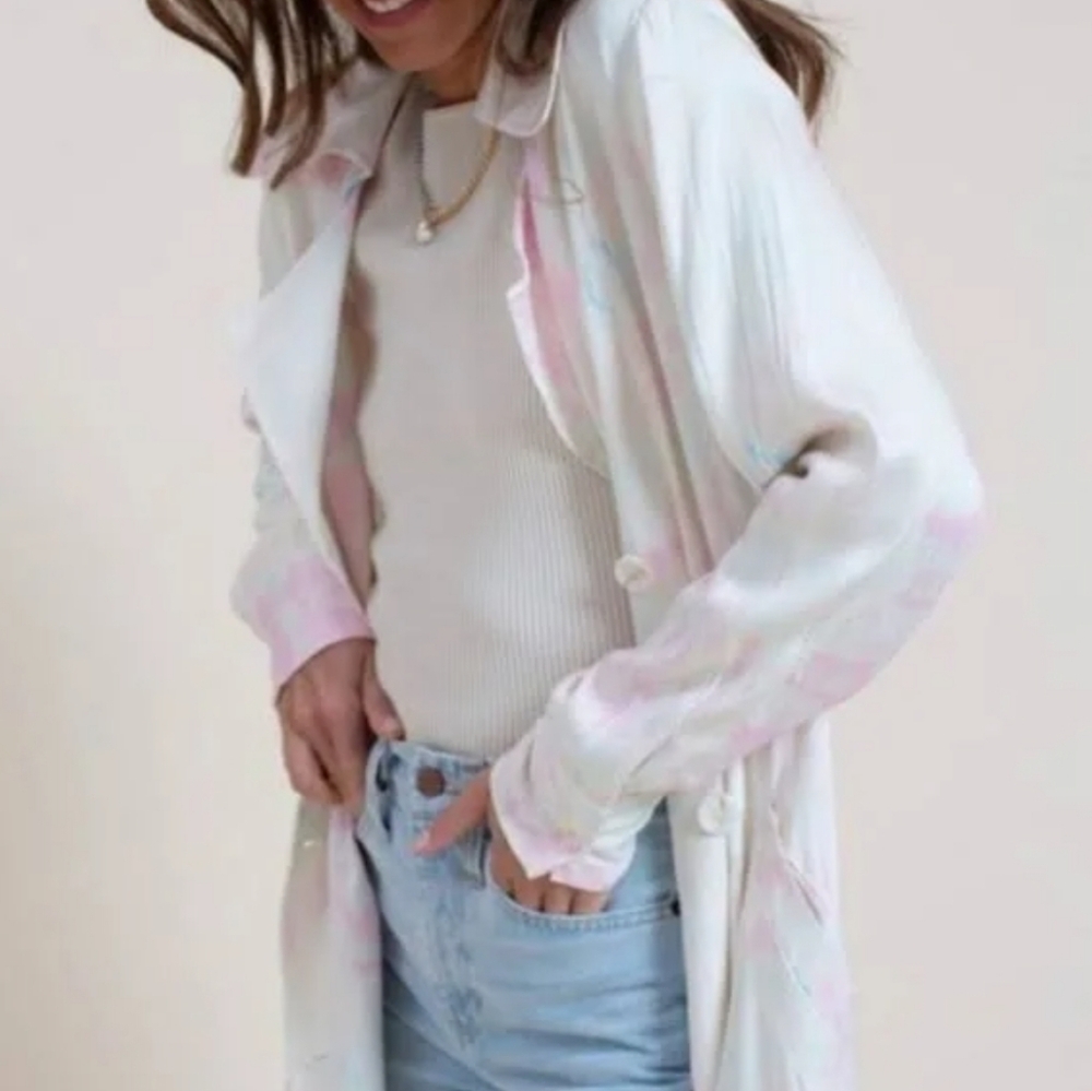 Something Navy Jackets & Coats Something Navy Satin Trench Coat Pink Tie Dye XS - Picture 3 of 8
